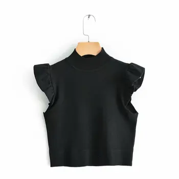 Moda Negru Volane Fără Mâneci Tricota De Sus În 2019 Femei O-Gât Scurt Tricotaje Casual Doamnelor Streetwear Feminin