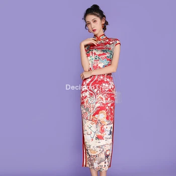 2021 chineză rochie de satin flori vintage print femei rochie orientale cheongsam moderne de sex feminin china elegant casual, petrecere qipao