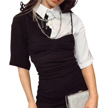 Femeile Mozaic Butonul Casual Crop Top pentru Femei Contrast Alb-Negru Buric Top de Vara T-Shirt