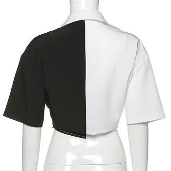 Femeile Mozaic Butonul Casual Crop Top pentru Femei Contrast Alb-Negru Buric Top de Vara T-Shirt