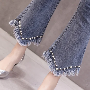 Șirag De Mărgele De Perle Blugi Femei Talie Mare Flare Jeans Boot Cut Stretch Denim Pantaloni Evazați Blugi Pentru Femei Mama Casual Slim Jeans