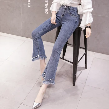 Șirag De Mărgele De Perle Blugi Femei Talie Mare Flare Jeans Boot Cut Stretch Denim Pantaloni Evazați Blugi Pentru Femei Mama Casual Slim Jeans