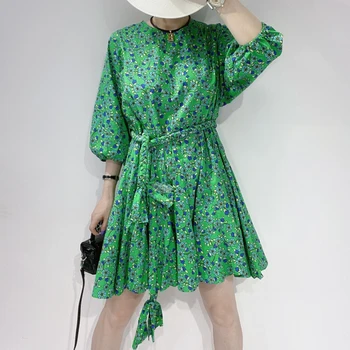 GALCAUR Imprimare Color Lovit Femei Rochie de Gât O Lanternă cu Maneca Lunga Talie Mare Dantelă Sus Bowknot Mini-Rochii de Vara pentru Femeie de Moda
