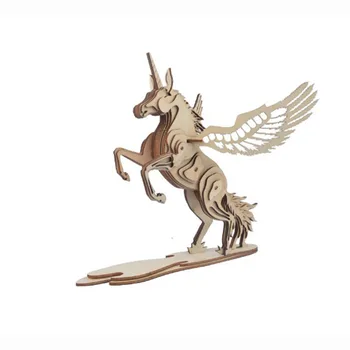 Unicorn din Lemn Puzzle tridimensional Copii Diy Jucărie Cadou