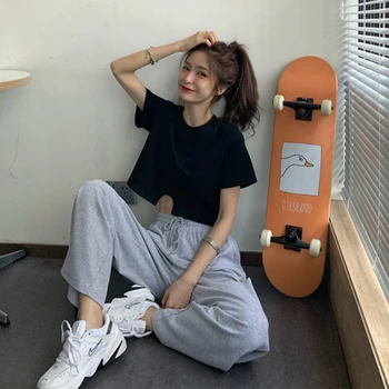 Femei Seturi de Gauri Solide de Agrement Chic Destinate Culturilor Topuri Elastic Talie Pantaloni Largi de Hip-hop Harajuku Simplu Stil coreean Nou la Modă