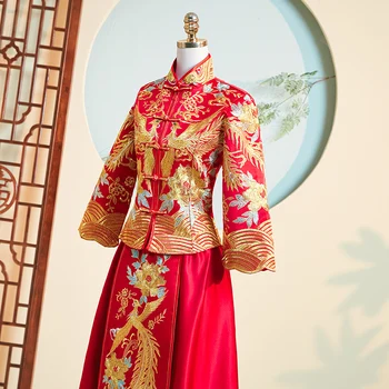 Broderie Elegant Cheongsam Chineză Stil Vintage Femei Qipao Doamna Phoenix Satin Mireasa Rochie De Mireasa Rochie Căsătorie Costum