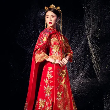 Broderie Elegant Cheongsam Chineză Stil Vintage Femei Qipao Doamna Phoenix Satin Mireasa Rochie De Mireasa Rochie Căsătorie Costum
