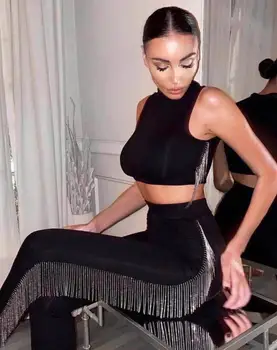 Femei Toamna Sexy rochie fără Mâneci Negru Ciucure de Cristal Stralucitoare Două Piese Bandaj Set 2020 Celebritate Designer de Moda pentru Femei Set