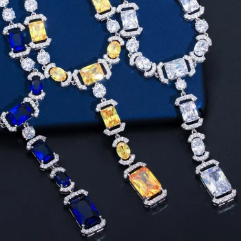 BeaQueen de Lux Pătrat Albastru Închis, Rotund Cubic Zirconia Cristale Lung Picătură Cercei Colier de Mireasa Seturi de Bijuterii pentru Nunta JS212
