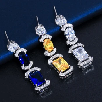 BeaQueen de Lux Pătrat Albastru Închis, Rotund Cubic Zirconia Cristale Lung Picătură Cercei Colier de Mireasa Seturi de Bijuterii pentru Nunta JS212