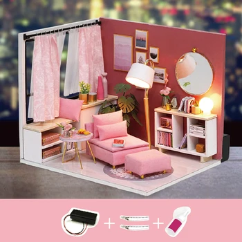 Copii de crăciun, Zi de Naștere Cadou DIY casă de Păpuși în Miniatură Kit Mini 3D Roz Casă de Lemn în Camera de Jucărie cu Mobilier de Lumini cu LED-uri