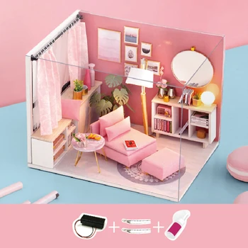 Copii de crăciun, Zi de Naștere Cadou DIY casă de Păpuși în Miniatură Kit Mini 3D Roz Casă de Lemn în Camera de Jucărie cu Mobilier de Lumini cu LED-uri