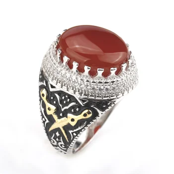 Inel barbatesc Real Argint 925 Roșu Piatră de Agat cu Sabia Dubla Clar CZ Aqeeq Ring pentru Bărbați Bijuterii turcă