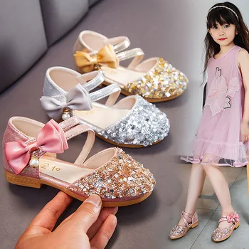 2021 Copii, Sandale Fete Tocuri inalte Pantofi Printesa Pentru Fete cu Sclipici Papion cu Toc Sandale Rochie de Petrecere Dimensiune Pantof 21-36 roz