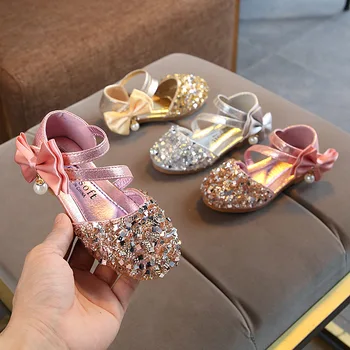 2021 Copii, Sandale Fete Tocuri inalte Pantofi Printesa Pentru Fete cu Sclipici Papion cu Toc Sandale Rochie de Petrecere Dimensiune Pantof 21-36 roz