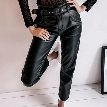 Femeile 2020 Noua Moda PU Pantaloni Negru Punk Talie Mare Glonț Subțire de Lână Streetwear Feminin Casual Pantaloni Largi de Toamnă Și de Iarnă