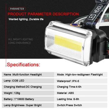 COB LED Faruri DC Reîncărcabilă Far Super Luminoase Lumina Cap Impermeabil Cap utilizează Lampă Reîncărcabilă 18650 Baterie Drumeții