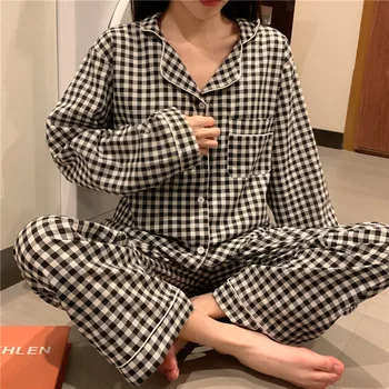 Coreeană Carouri Acasă Costum De Epocă Pijamale Moi Maneca Lunga De Bumbac Două Bucata Set Camasa De Noapte Singur Pieptul Cămașă Pantaloni Set A012