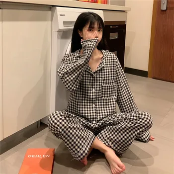 Coreeană Carouri Acasă Costum De Epocă Pijamale Moi Maneca Lunga De Bumbac Două Bucata Set Camasa De Noapte Singur Pieptul Cămașă Pantaloni Set A012