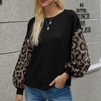 Femei Leopard de Imprimare Mâneci Lungi Gât Rotund Felinar Casual cu Maneci Pierde T-Shirt