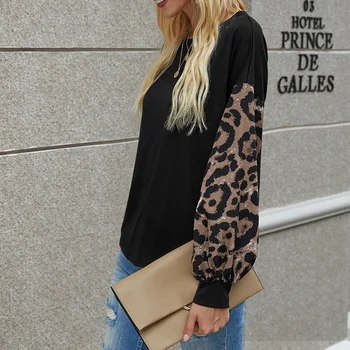 Femei Leopard de Imprimare Mâneci Lungi Gât Rotund Felinar Casual cu Maneci Pierde T-Shirt