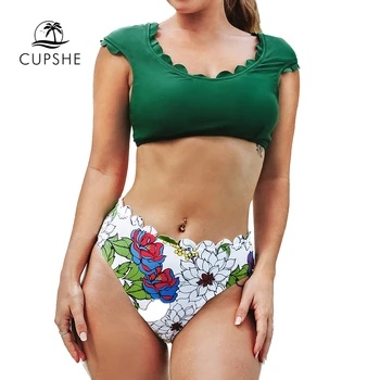 CUPSHE Verzi si Florale, de Înaltă talie Bikini Seturi Sexy de Dantelă de la Rezervor costume de Baie Doua Piese Costume de baie Femei 2021 Plaja Costume de Baie