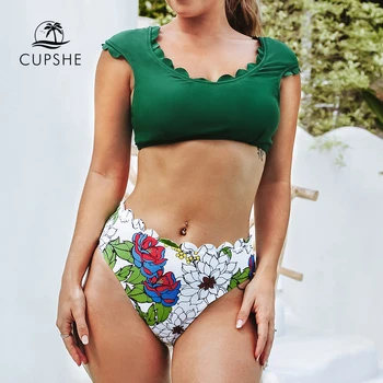 CUPSHE Verzi si Florale, de Înaltă talie Bikini Seturi Sexy de Dantelă de la Rezervor costume de Baie Doua Piese Costume de baie Femei 2021 Plaja Costume de Baie