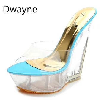 Dwayne Sexy de Vară de Moda Tocuri Înalte, Sandale Papuci de Catâri Cristal Transparent Platforma Pantofi Pene 15CM Jeleu Sandale 2019