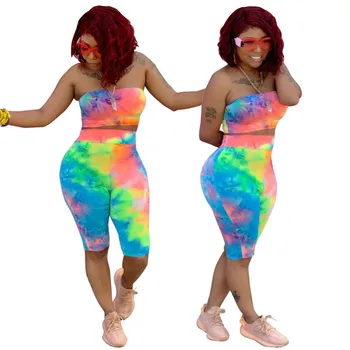Sexy De Pe Umăr Două Bucata Set Umbra Colorate Bodycon Imprimare 2 Bucata Set Femei Top Și Genunchi Lungime Pantaloni Casual Set De Vara