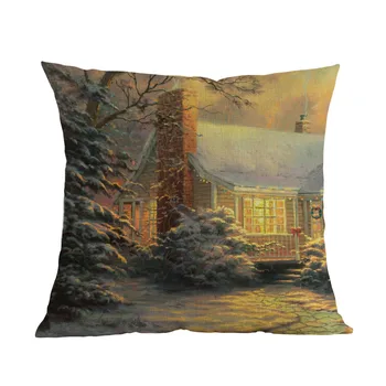 Pictură În Ulei Stil De Zăpadă De Iarnă Peisaj De Craciun Cottage Lodge Pernă Caz Casă De Vacanță Canapea Decorative Pernele De Acoperire