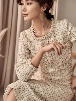 Noul Designer European Femei de Lux Manual Margele Guler Rotund Maneci Lungi Tricotate Tweed Subțire Rochie de Creion OL