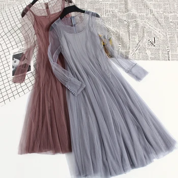 2018 Primăvară Rochii Femei Dulce Elegant Două bucăți de Transparență cu maneci Lungi rochii de Leagăn