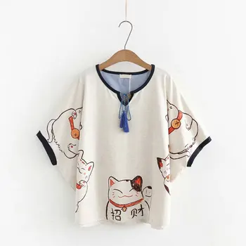Femei T shirt de imprimare de Desene animate Pisica Cordon Femme Stil Chinezesc Batwing Maneca Maneca Scurta Vara Topuri Largi Tee YUPINCIAGA