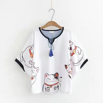 Femei T shirt de imprimare de Desene animate Pisica Cordon Femme Stil Chinezesc Batwing Maneca Maneca Scurta Vara Topuri Largi Tee YUPINCIAGA