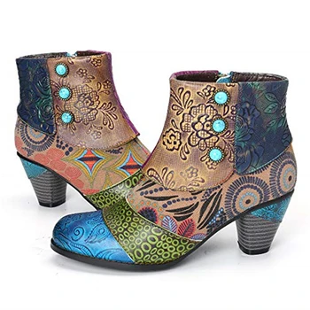 Vintage Despicare Tipărite Glezna Cizme Pentru Femei Pantofi pentru Femeie din Piele PU Retro Bloc Tocuri inalte Cizme pentru Femei