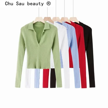 Noua Moda Toamna Epocă Femei Solide De Culoare Topuri Tricotate Elegante Doamnelor Camasi Cu Maneca Lunga Alb-Coreean Retro Tricou Streetwear