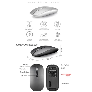 Bluetooth Mouse Wireless Slim Dual Mode (Bluetooth 5.0 și 2.4 G Wireless) Reîncărcabilă, fără Fir, Mouse-ul cu 3 DPI Reglabil