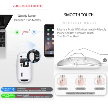 Bluetooth Mouse Wireless Slim Dual Mode (Bluetooth 5.0 și 2.4 G Wireless) Reîncărcabilă, fără Fir, Mouse-ul cu 3 DPI Reglabil