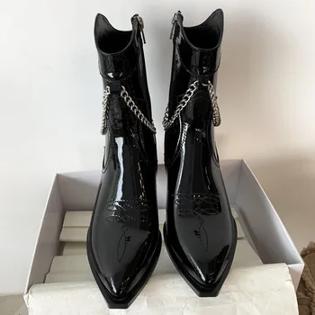 Fierbinte De Vânzare Femei Cizme Cavaler 2020 Toamna/Iarna Noi Cizme De Vest Gros Mid Cu Toc Ascutit De Metal Lanț Scurt Cizme Pantofi Negri