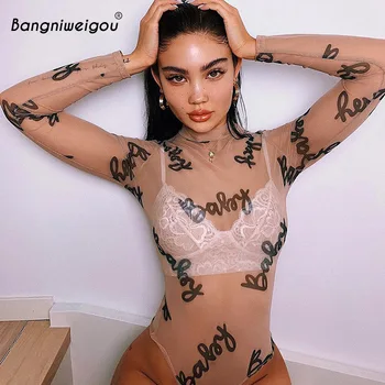 Bangniweigou Scrisoare De Iubire Print Mesh Transparent Body Cu Maneca Lunga Bej Pur Romper Femei De Vară Corsetul Celeb Clubwear