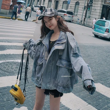 Coreea Moda Toamna femei, plus dimensiune denim haina liber maneca lunga cu fermoar harajuku streetwear buzunar albastru modis blugi sacou